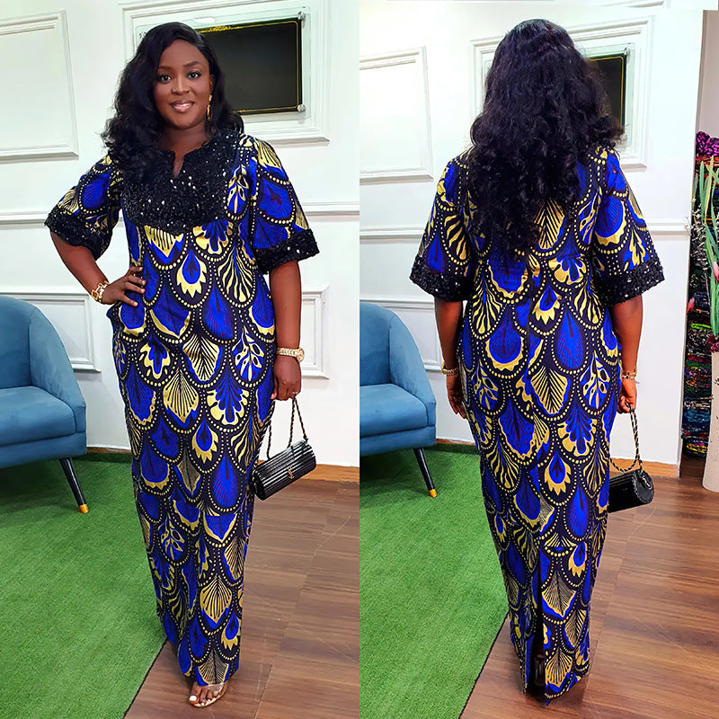 Plus Size Women's Satin Sequin Long Gown Dress