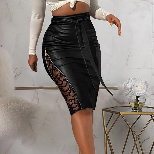 New Split Lace Stitching Slim-Fit Lace-Up Leather Skirt