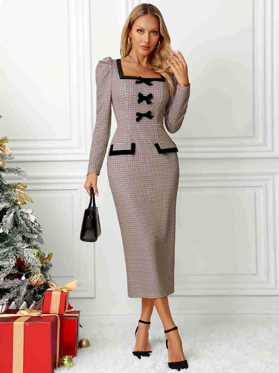 Bow Plaid Square-Neck Puff Sleeve Dress - US Only