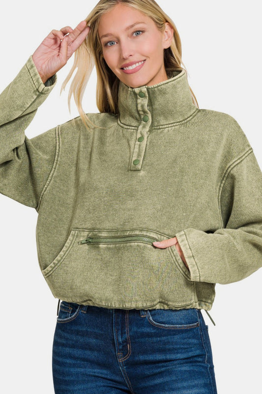 Acid-Wash Fleece Half-Snap Sweatshirt With Pocket - US Only