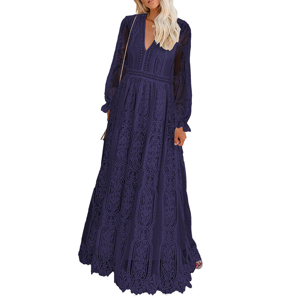 Lace V-Neck Cinched Waist Pullover Dress