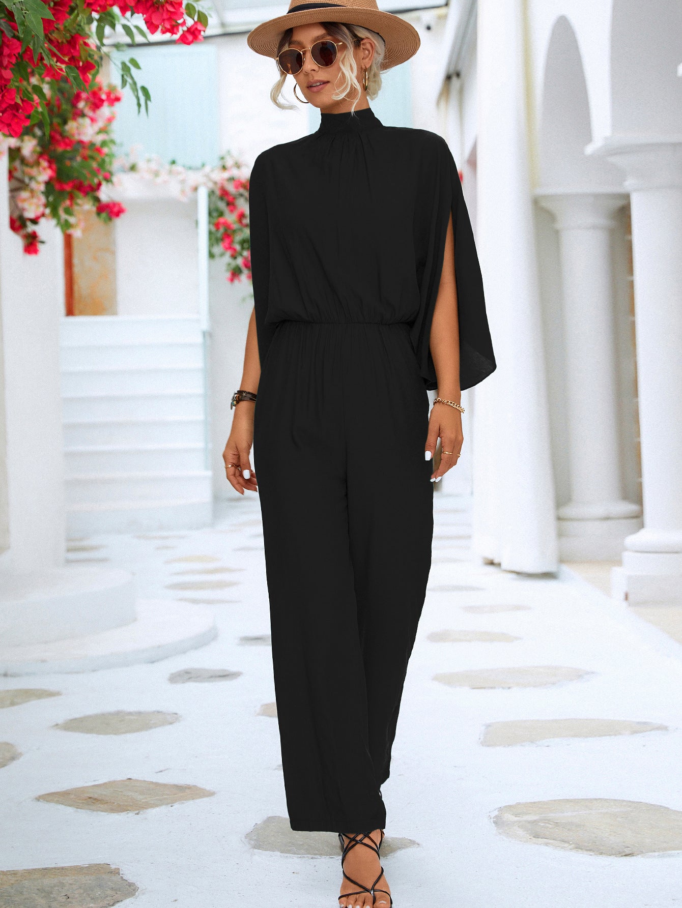 Stand-Collar Jumpsuit With Loose Split Long Sleeves