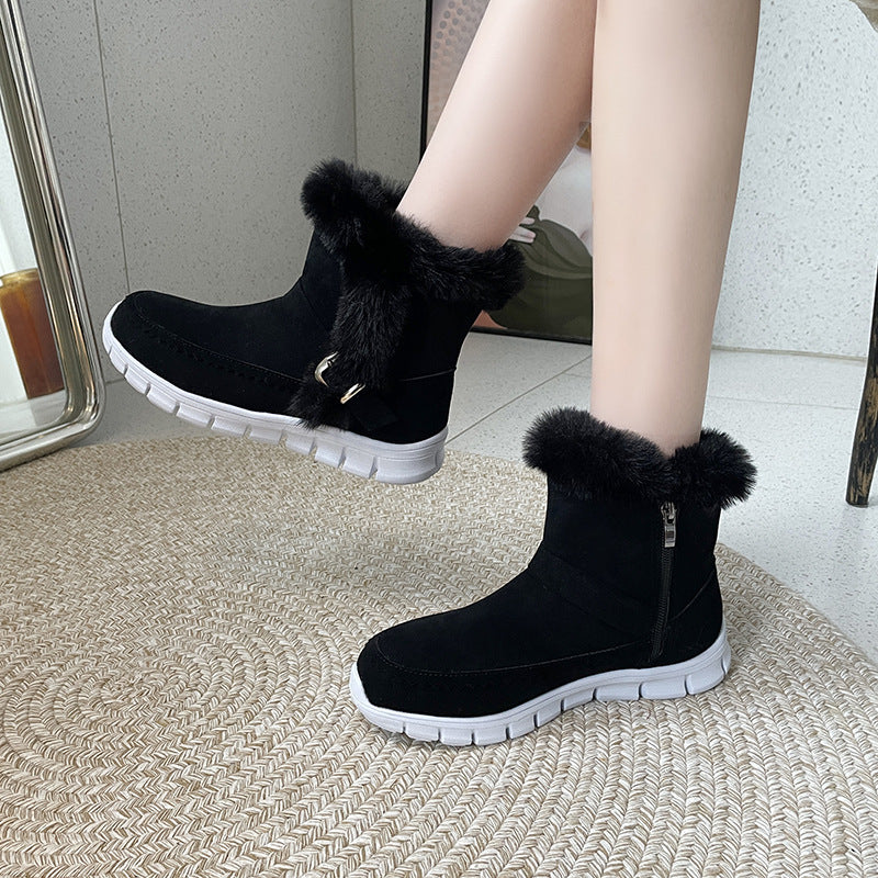 New*****!!!! -  Thickened Solid Colour Plush Ankle Snow Boots With Buckle Design