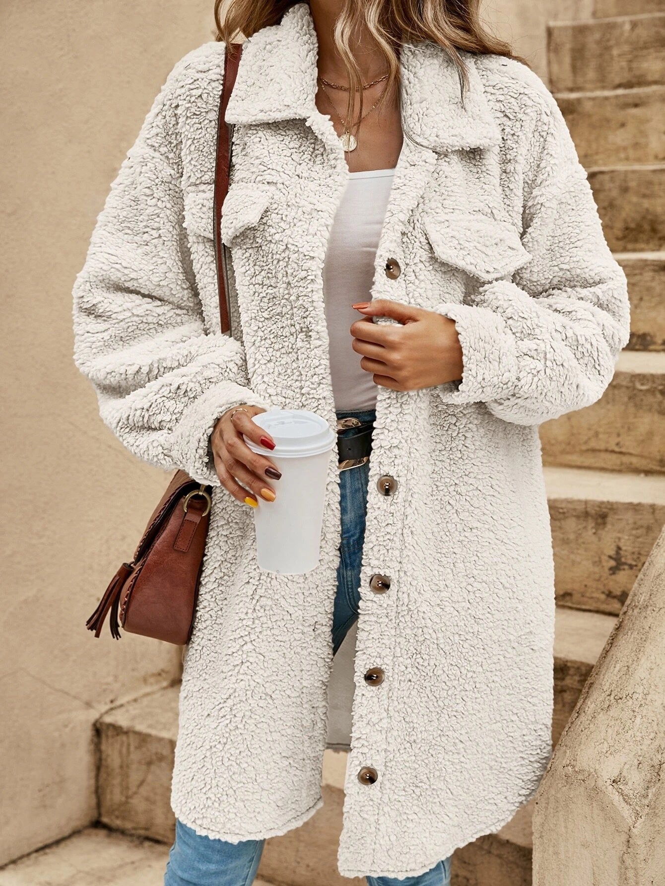 Open-Button Lapel Plush Loose Long-Cut Coat