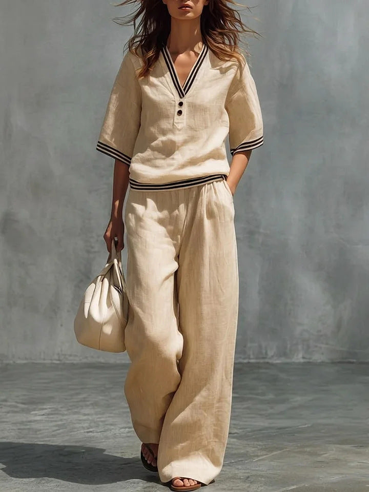 Cotton-Linen V-Neck Casual Comfortable Short-Sleeve Shirt And Pants Set