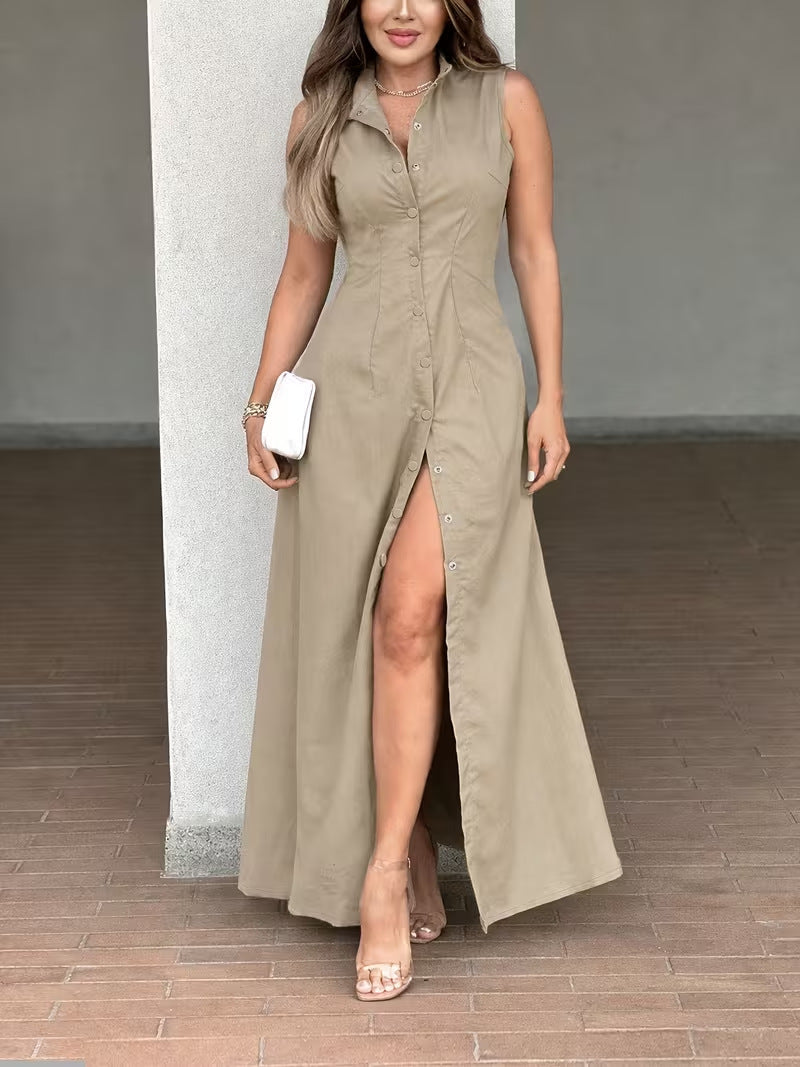Womens Casual Elegant Sleeveless Long Dress Shirt