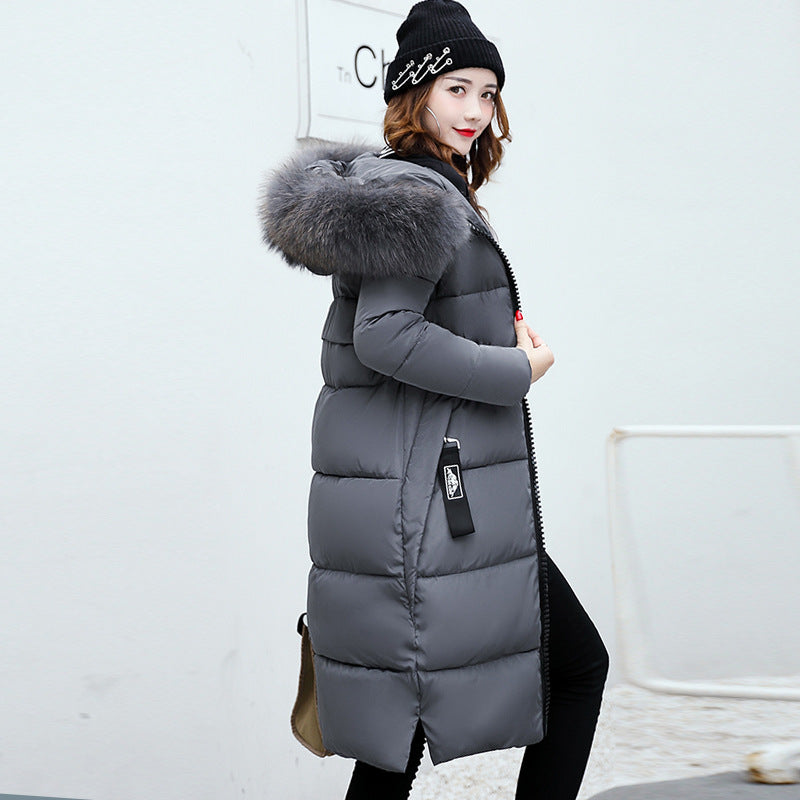 Long Hooded Fur-Collar Cotton Jacket