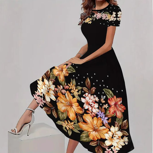 Trendy Casual All-matching Floral Pattern Short Sleeve Round Neck Dress