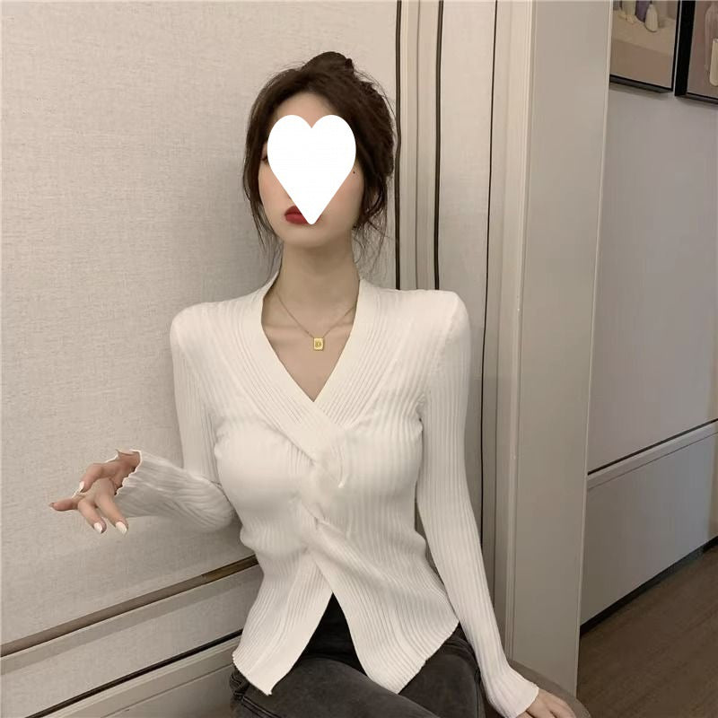 Japanese-Style V-Neck Sweater - Waist-Trimming Short Top For Women