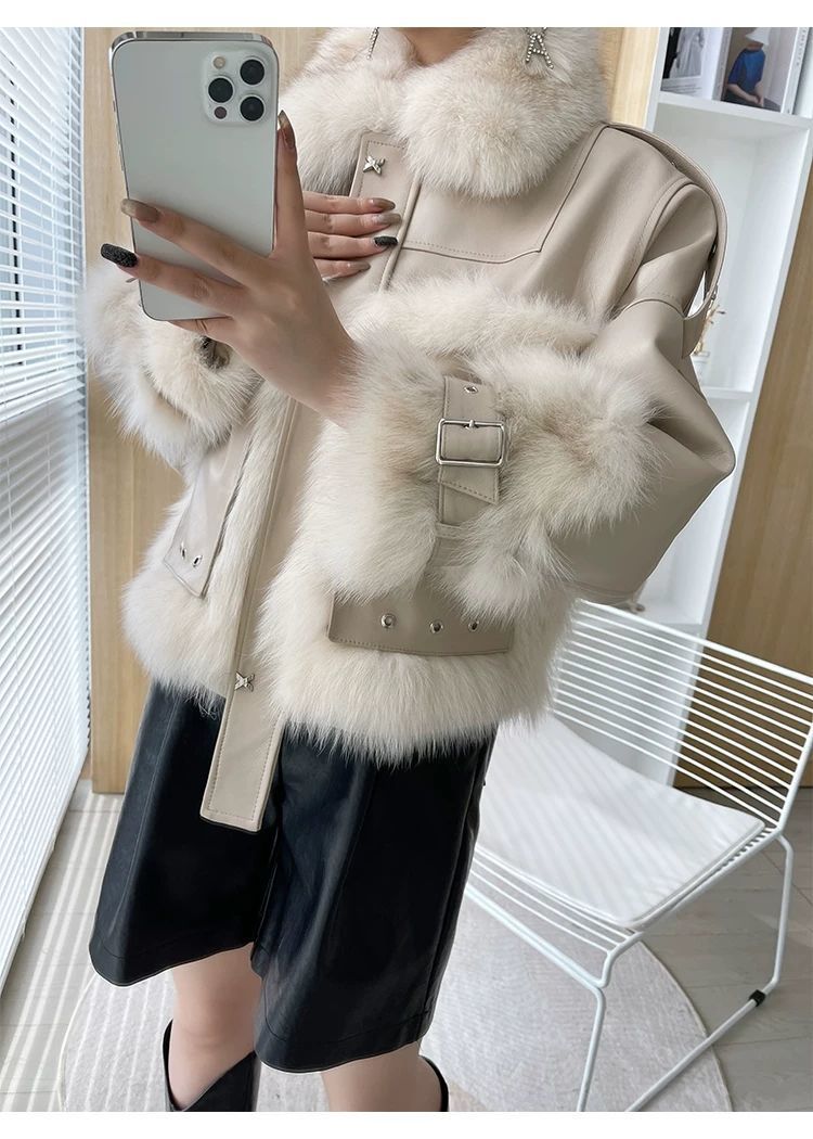 Fox Fur Stitching Leather Coat