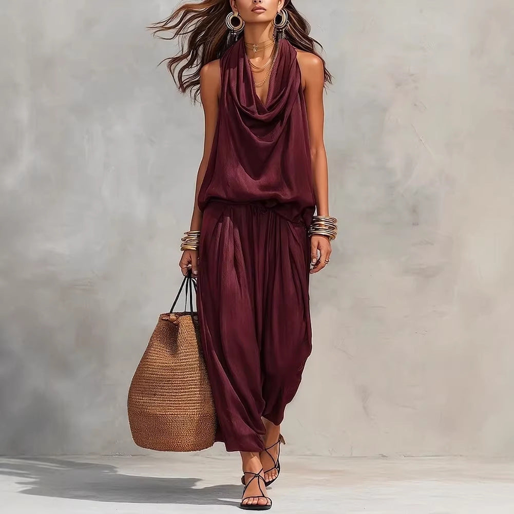 Draped-Neck Vest & Casual Pants Outfit