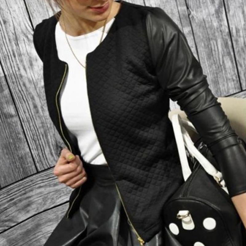 PU Leather Patchwork Thin Short Coat For Women