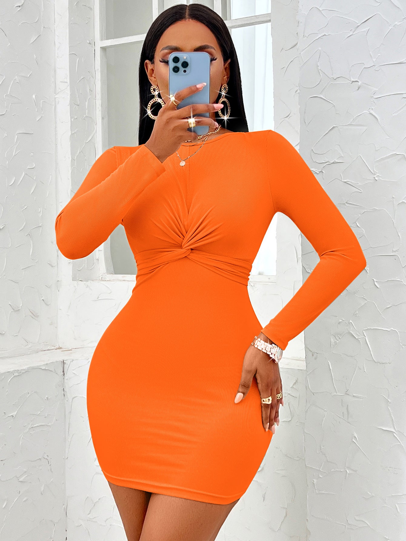 Casual Solid-Colour Round-Neck Twist Long-Sleeve Dress