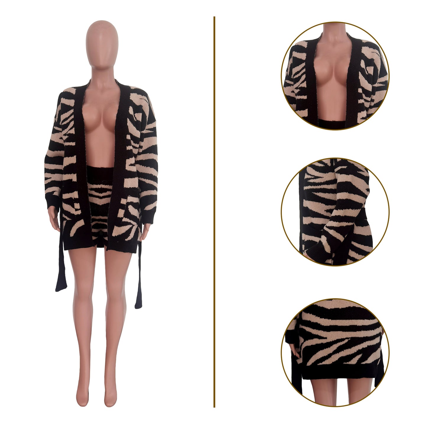 Handmade Knitted Leopard-Print Sweater Coat & Shorts Suit