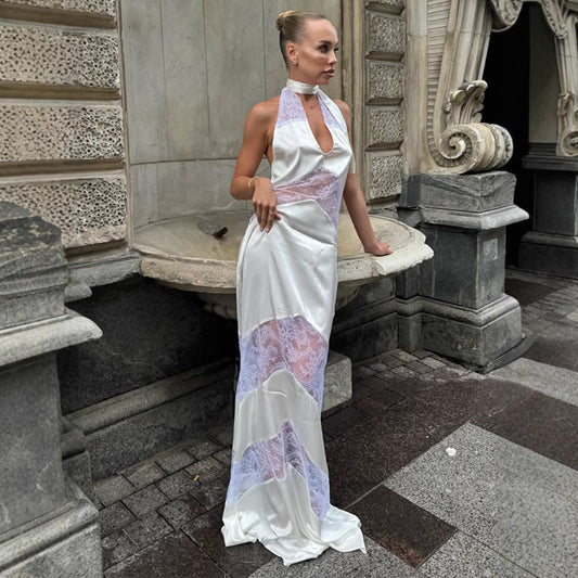 V-Neck Lace Spliced Ribbon Backless Halter Dress