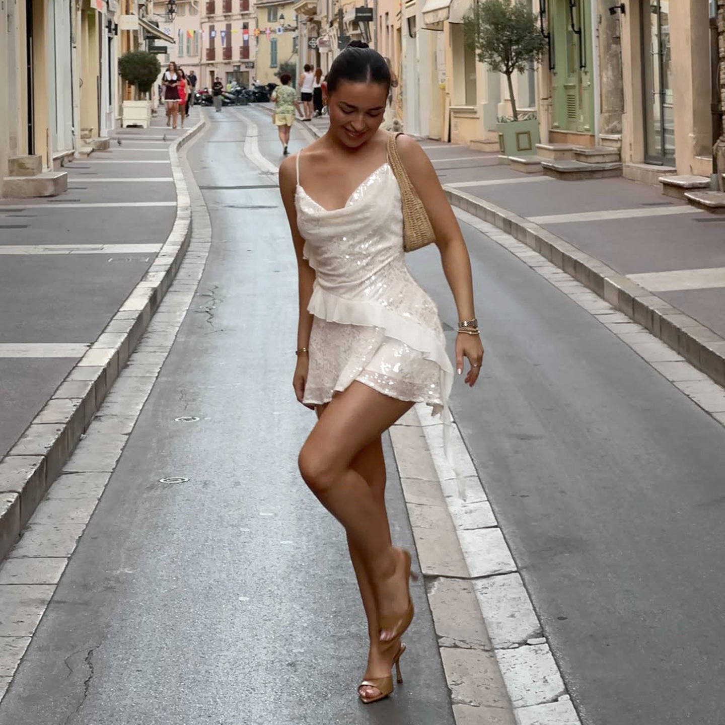 Sequin-Trimmed Irregular-Hem Pleated Dress