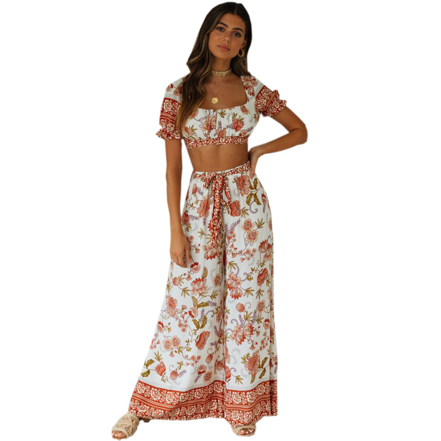 Women's Bohemian Holiday-Style Printed Suit - Short Top,  High-Waist Trousers