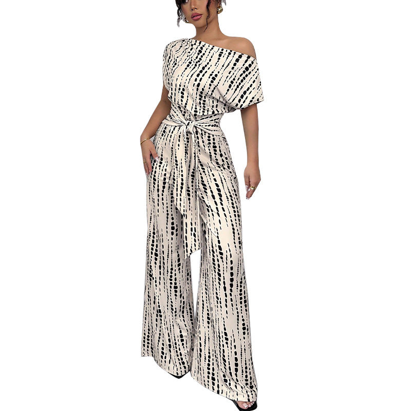 Vacation-Style Slant Shoulder Strap Wide-Leg Jumpsuit