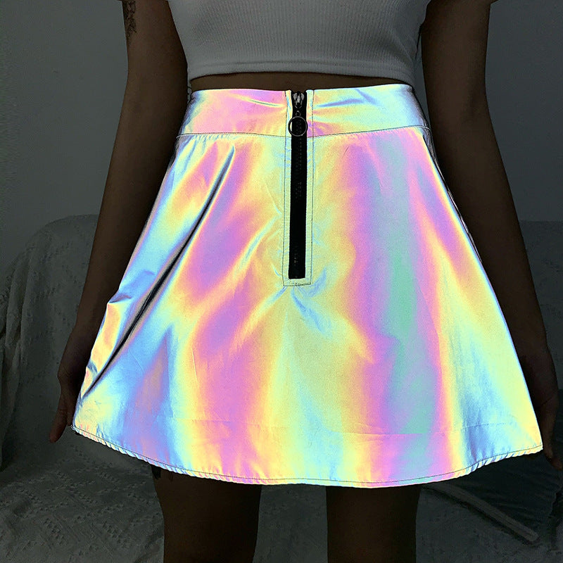 Reflective High-Waist Short A-Line Sun Skirt