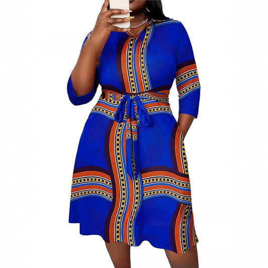 Print Casual Elegant V-Neck Midi Dress - Large Sizes