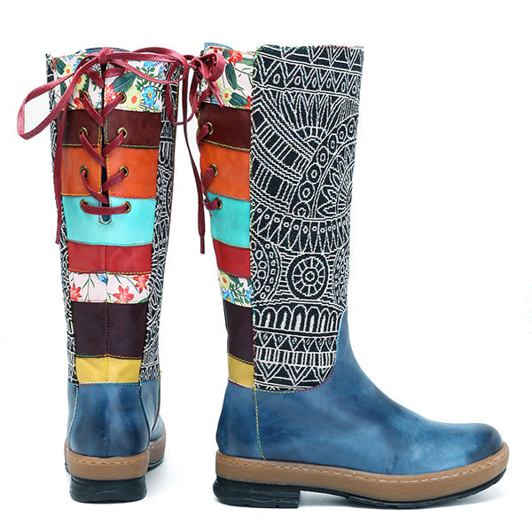 Vintage Mid-Calf Bohemian Retro Genuine Leather Printed Boots