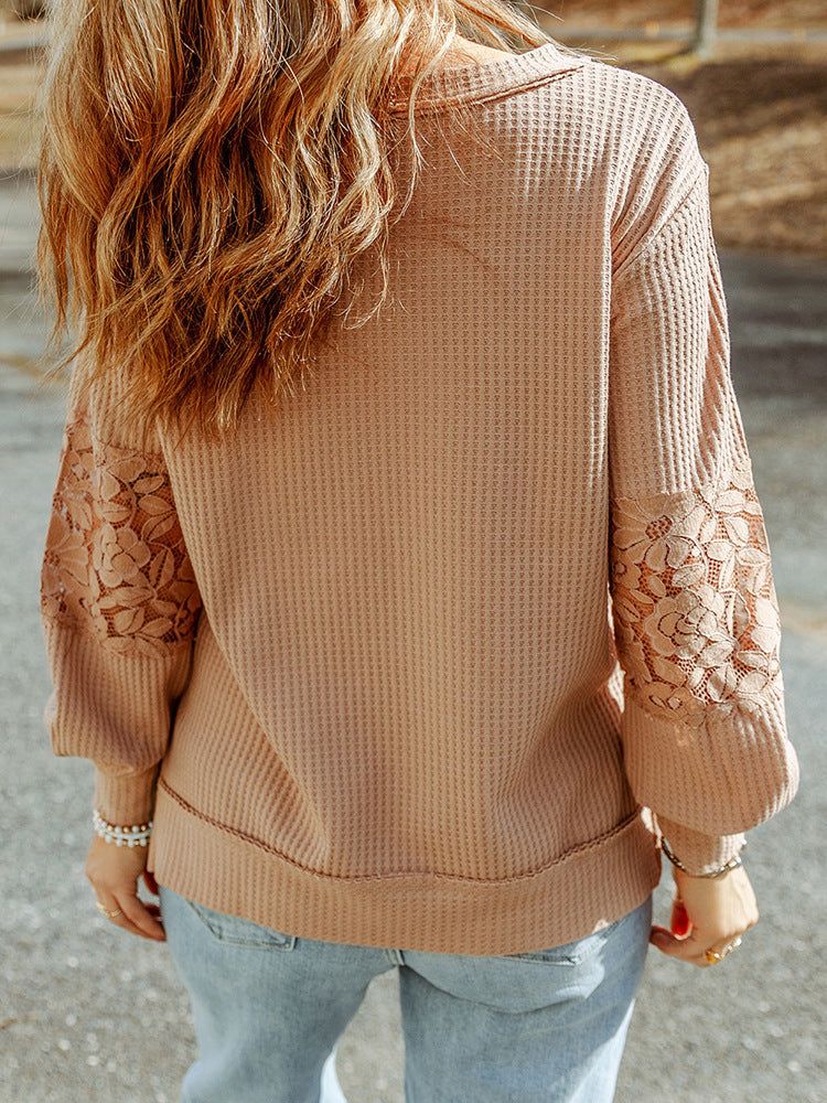 Lace Waffle Long-Sleeve Top