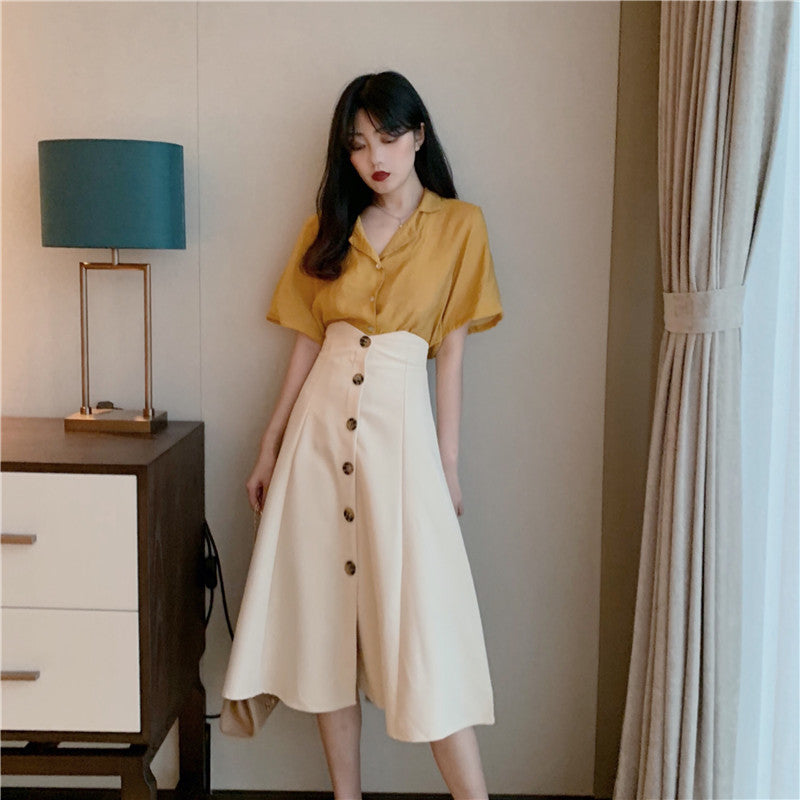 V-neck single-breasted retro umbrella skirt
