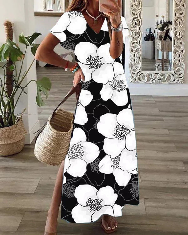 Loose Digital Print V-Neck Short-Sleeve Dress For Women