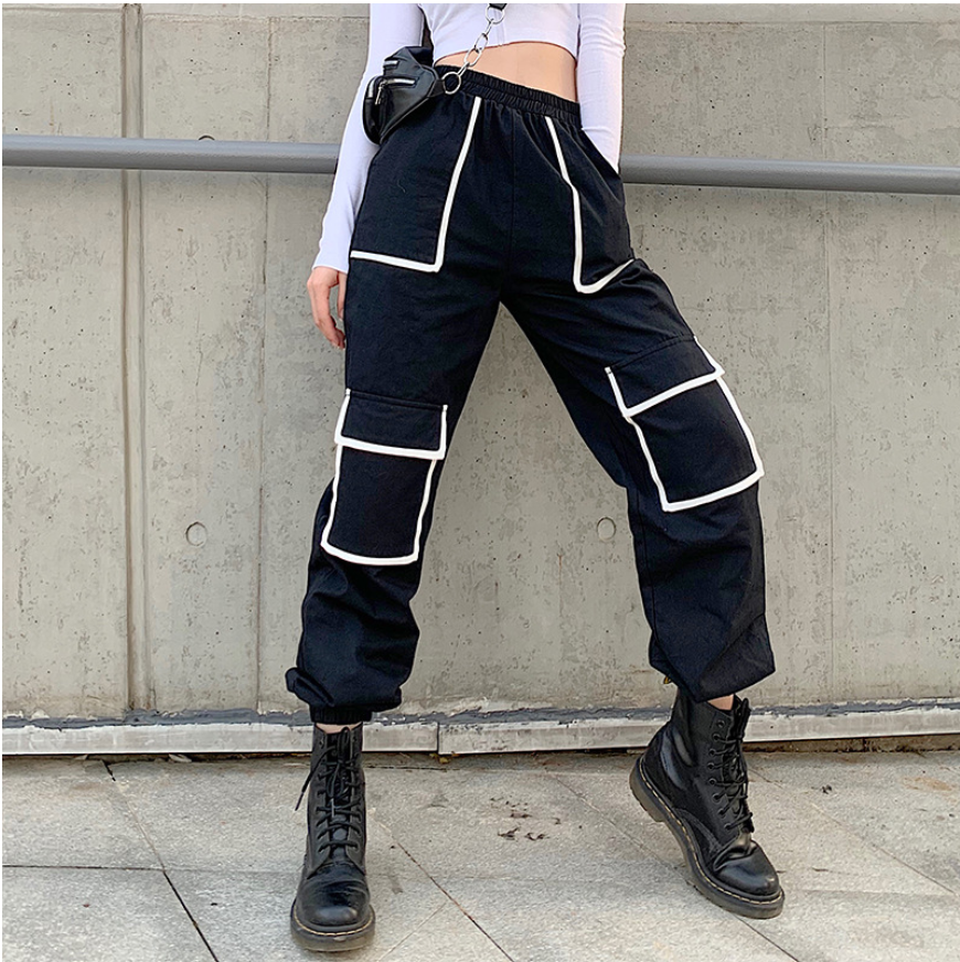 White Stripe Cargo Pants For Women -  Contrast Colour High-Waist Hip Hop Capris