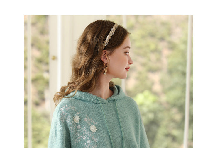 Green Hooded Sherry Embroidered Soft & Sticky Loose Sweater For Women