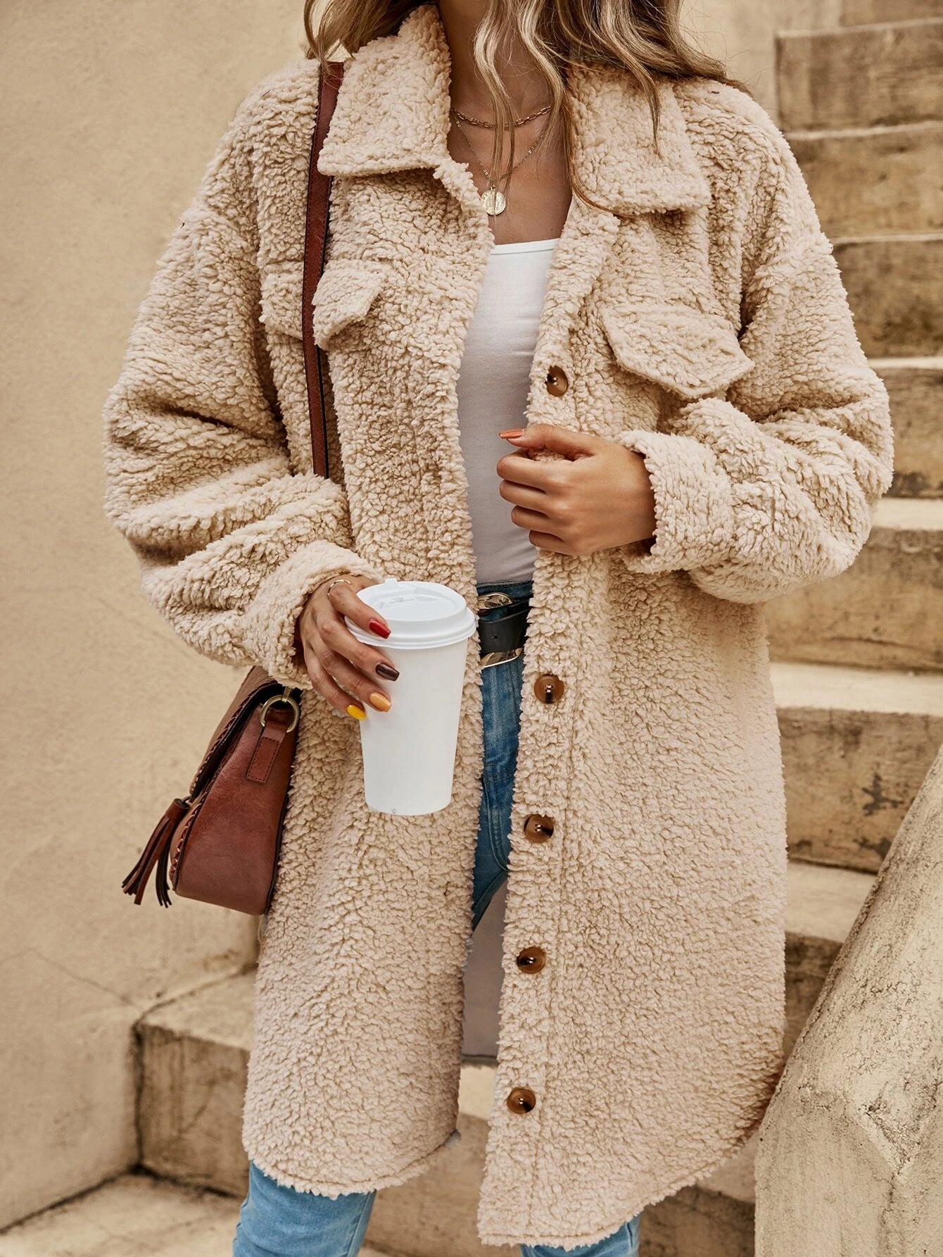 Open-Button Lapel Plush Loose Long-Cut Coat