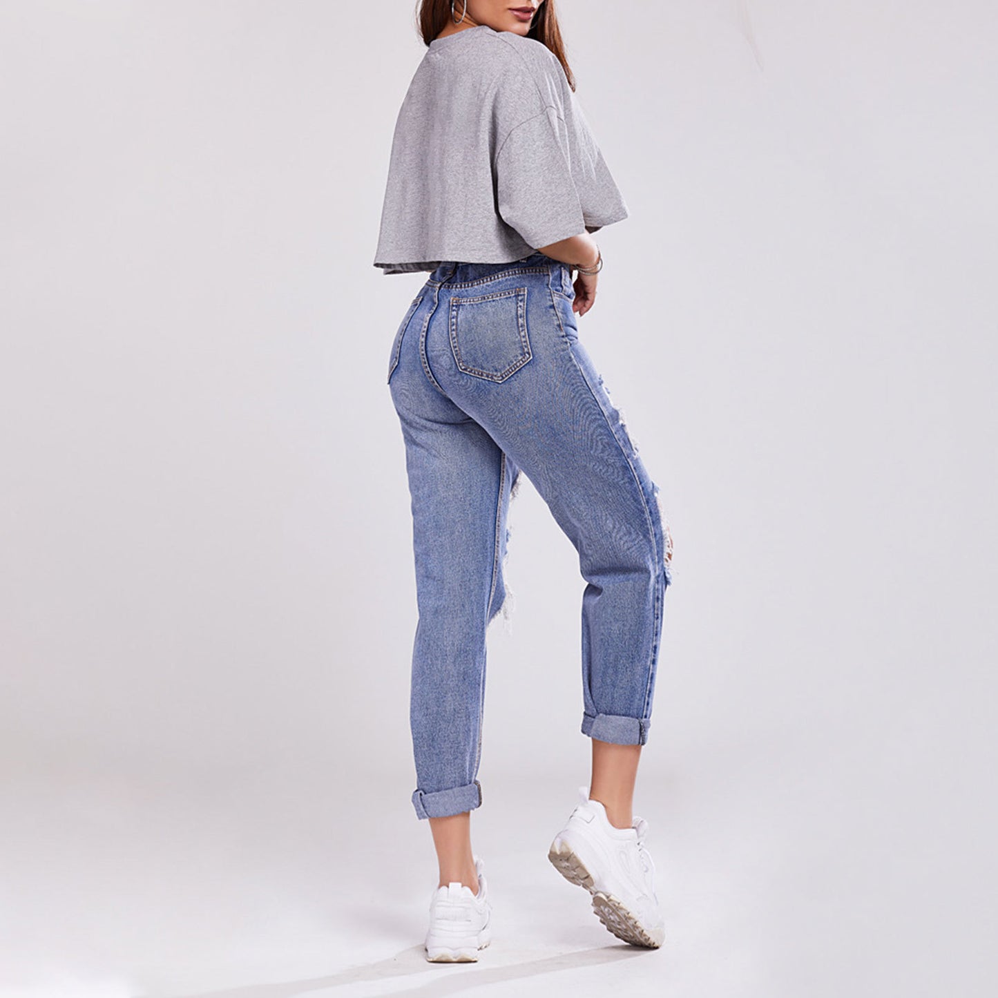 Ladies' High-Waisted Butt-Lifting Casual Straight-Leg Denim Trousers