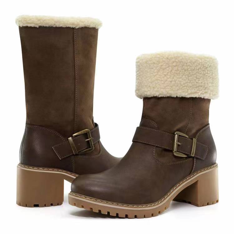 Fashion Round-Toe Boots With Buckle Chunky Heel