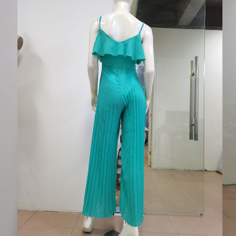 Suspender Pleated Wide-Leg Ruffled Jumpsuit