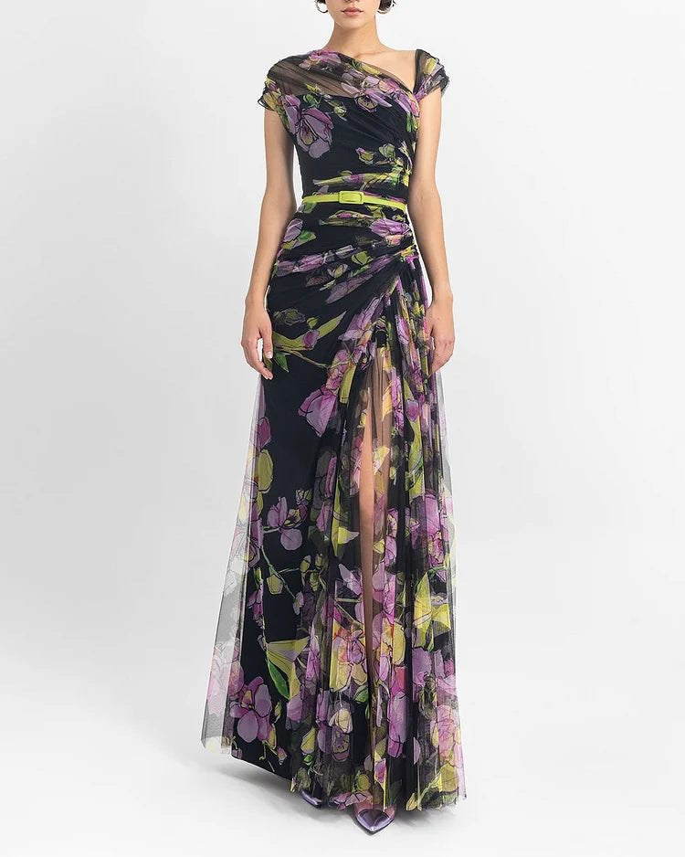 Pleated Slim Mesh Printed Long Dress