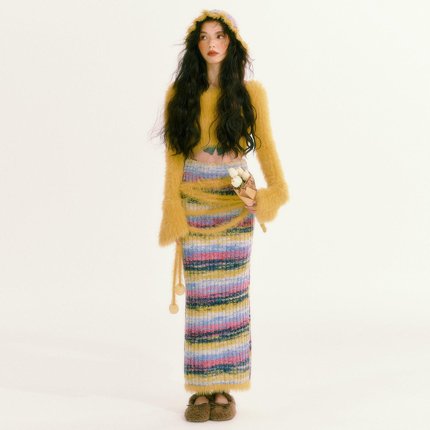 Retro Lazy Plush Knitted Long Skirt Slim Fit Set