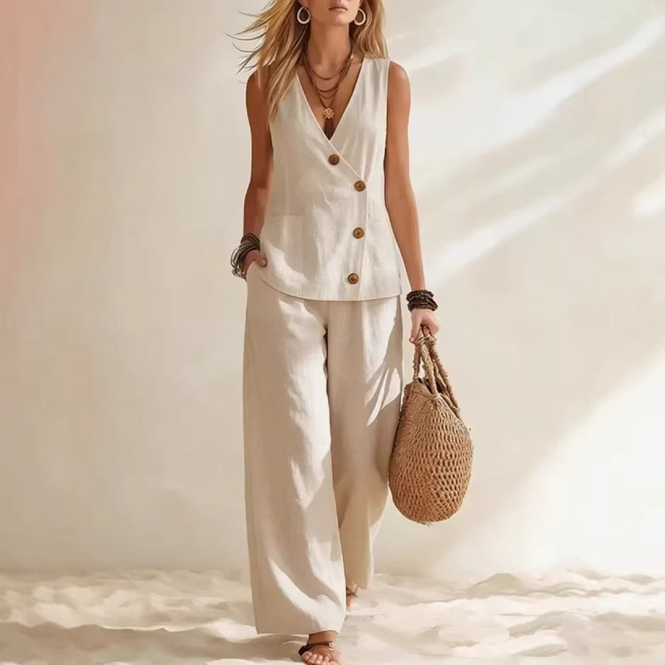Button-Up Cardigan Vest & Pants Set