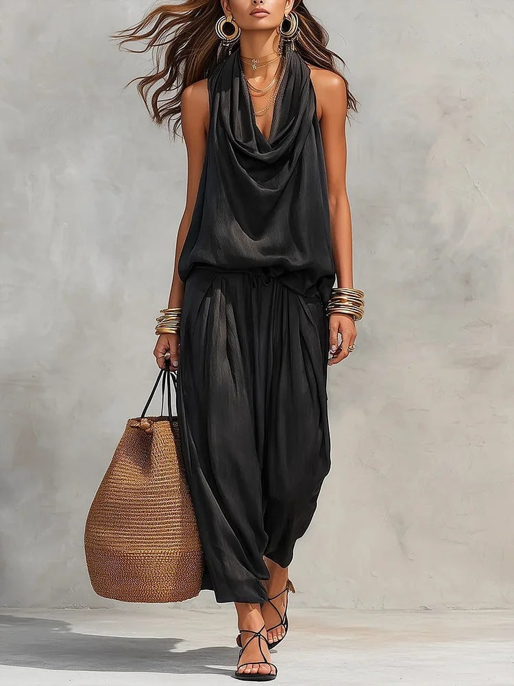 Draped-Neck Vest & Casual Pants Outfit