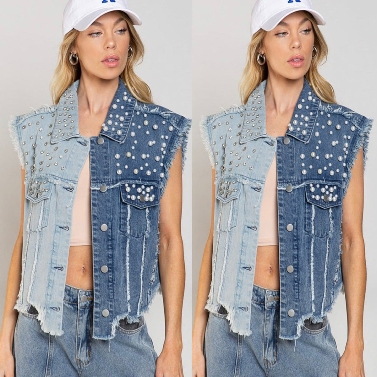 Splicing Beads Loose Short Denim Vest