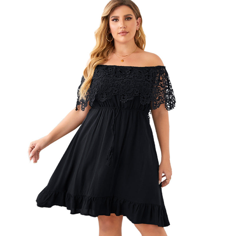 Black Lace Off-Shoulder Ruffled Dress