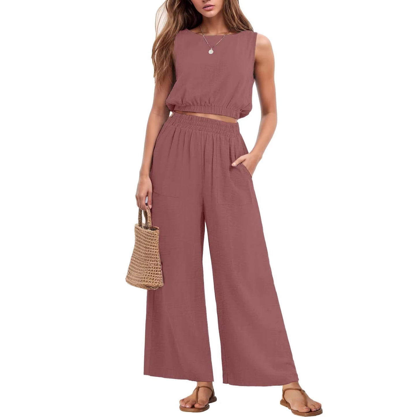 Womens Casual Round-Neck Sleeveless High-Waist Wide-Leg Two-Piece Set With Elastic Hem