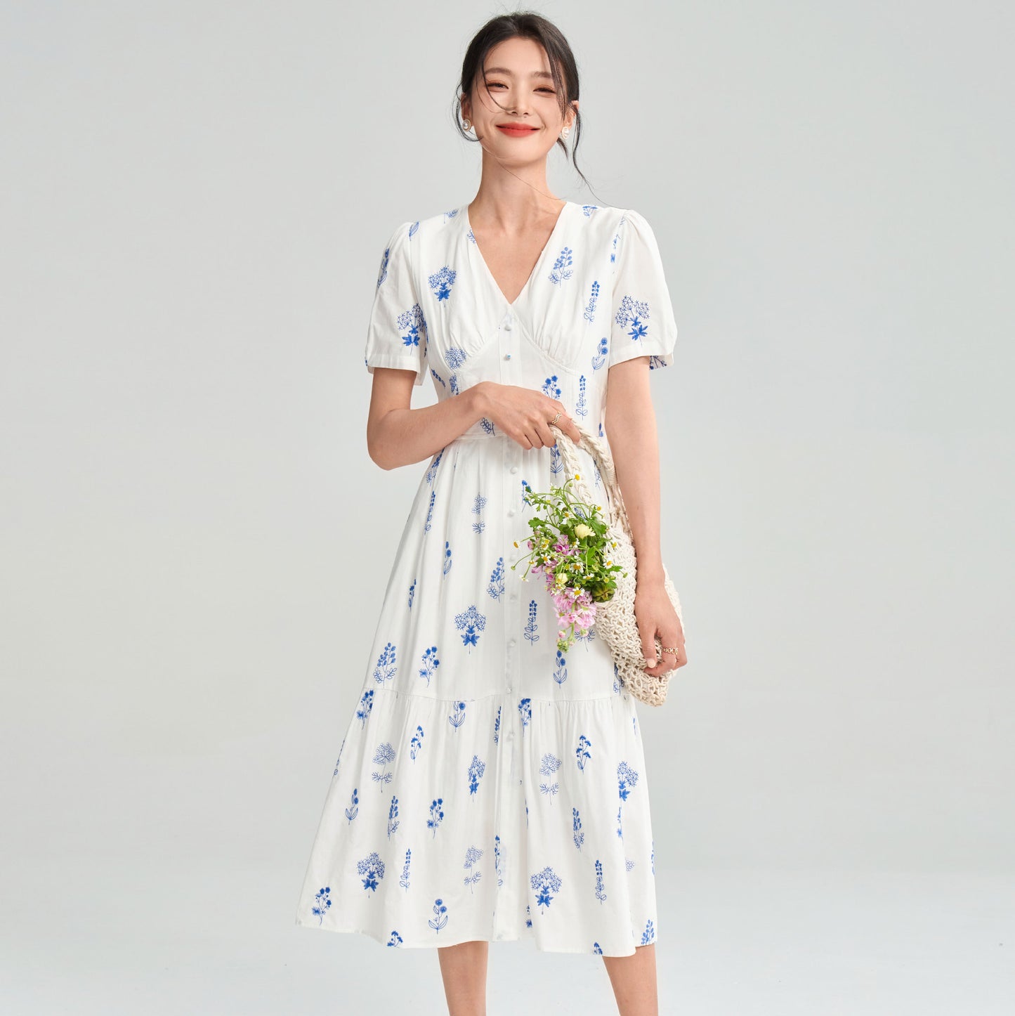 Pure Cotton French Simplicity V-neck Waist-controlled Slimming Elegant Floral Dress