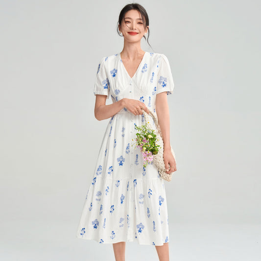 Pure Cotton French Simplicity V-neck Waist-controlled Slimming Elegant Floral Dress