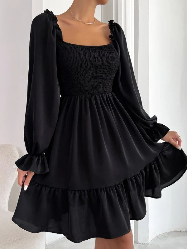 Flared Long-Sleeve Square-Neck Ruffled Swing Dress