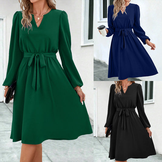 European & American Style Long-Sleeve Small V-Neck Lace-Up Dress