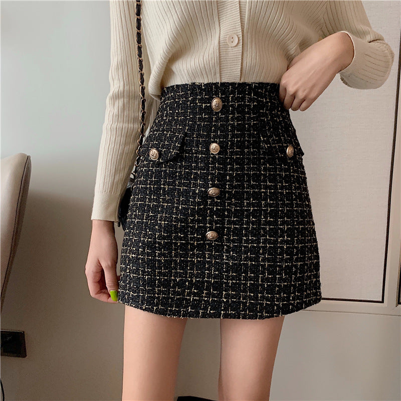 Plaid A-Line High-Waist Tweed Skirt