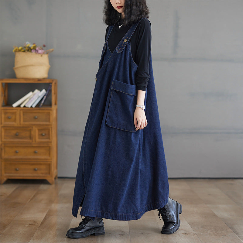 Loose Airy Denim Suspender Dress - Large Sizes