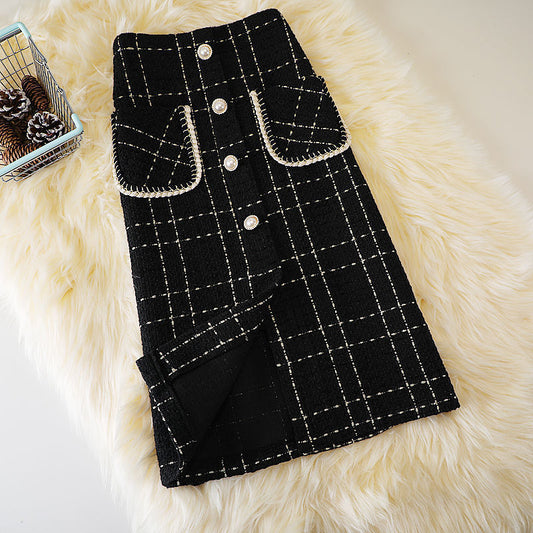 High-Waist Slim Woollen Plaid Skirt