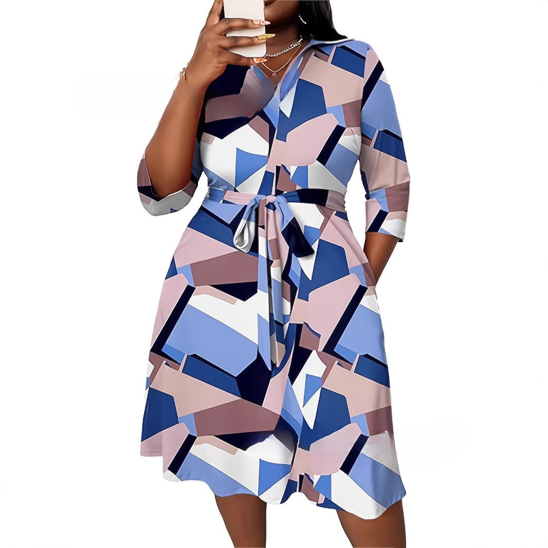 Print Casual Elegant V-Neck Midi Dress - Large Sizes
