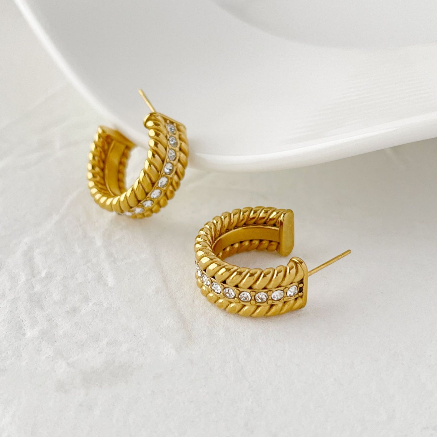 Electroplated Gold-Plated C- Shaped Diamond Hoop Earrings